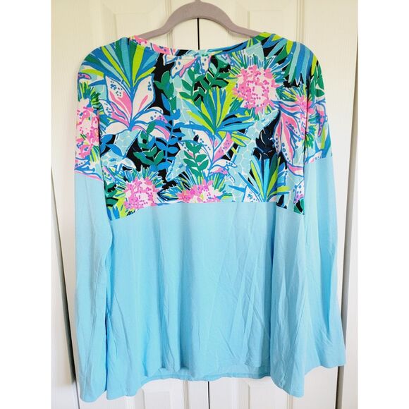 Lilly‎ Pulitzer L Finn Top Long Sleeve Seasalt Blue Fruity Flamingo Size Lg NEW - Picture 2 of 6